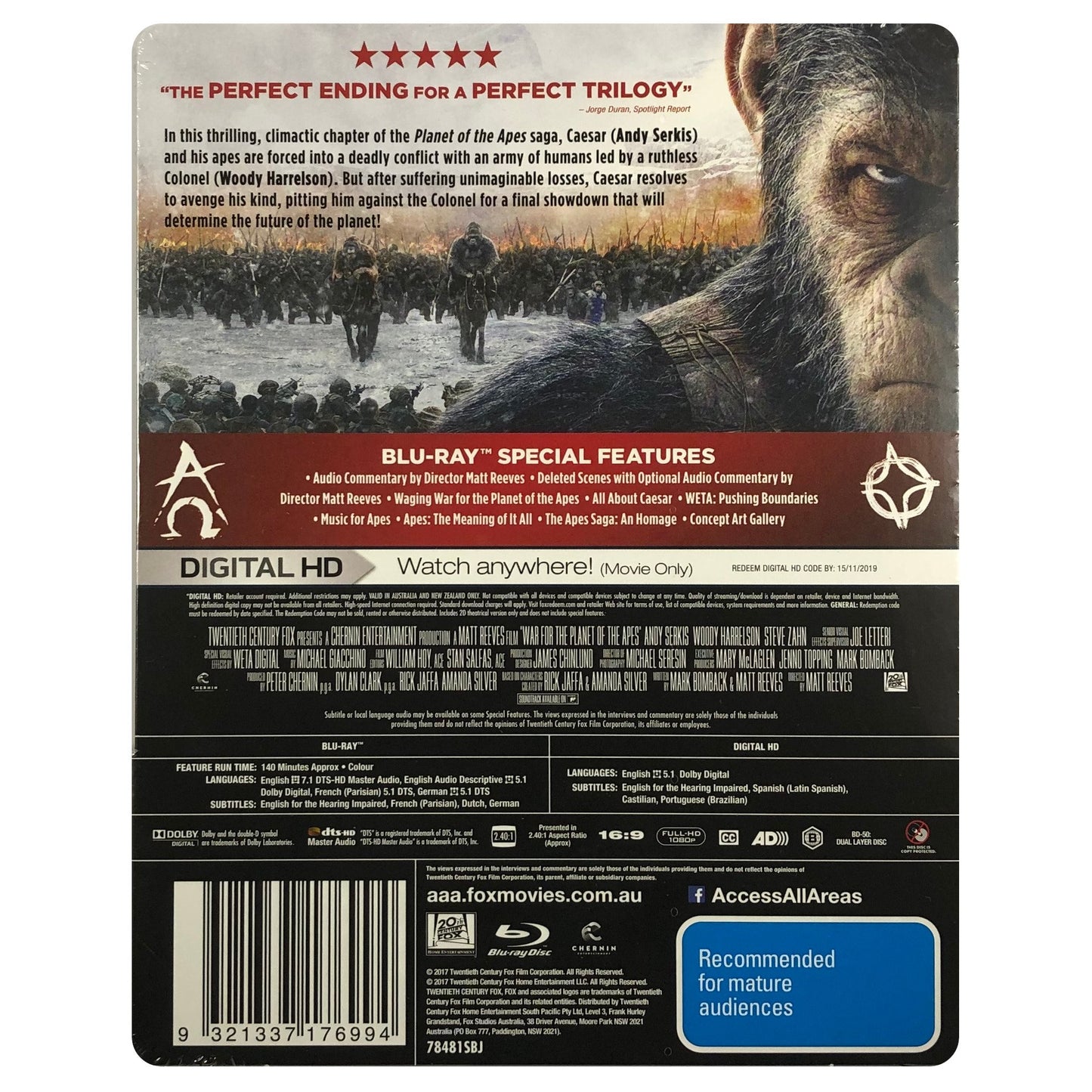 War For The Planet Of The Apes Blu-Ray Steelbook